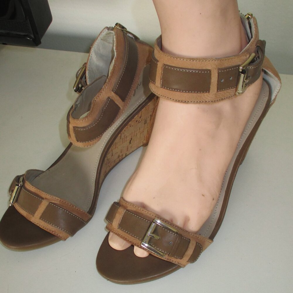 Marc Fisher "Camron" Womens Tan Leather Ankle-strap 3" Wedge Sandal - Size 7M